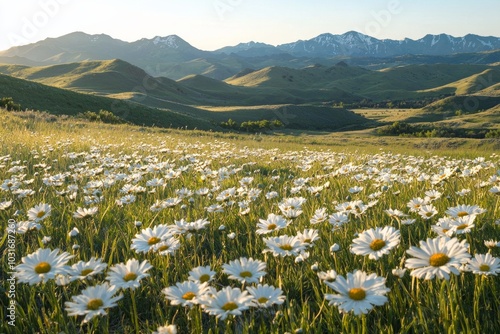 In the valley, there is an endless grassland with white daisies blooming on it. The golden light shines down from top to bottom and creates beautiful shadows.  photo