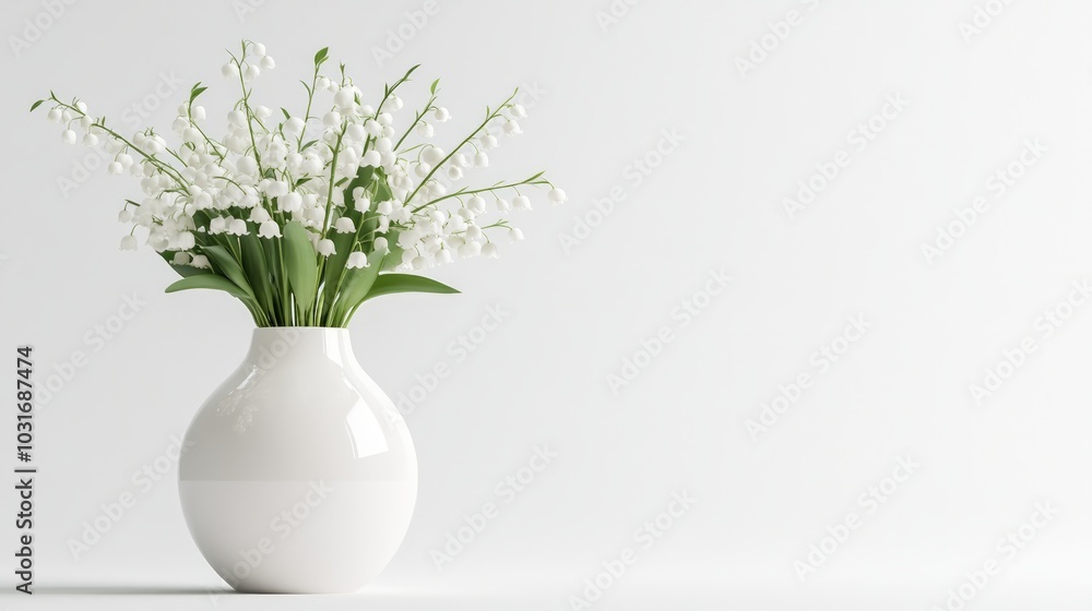 A simple white vase with a bouquet of lily of the valley flowers on a white background. A simple white vase with a bouquet of lily of the valley flowers on a white background.
