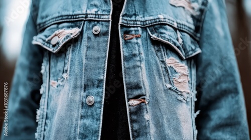  A tight shot of someone in a denim jackets, black shirt layered beneath