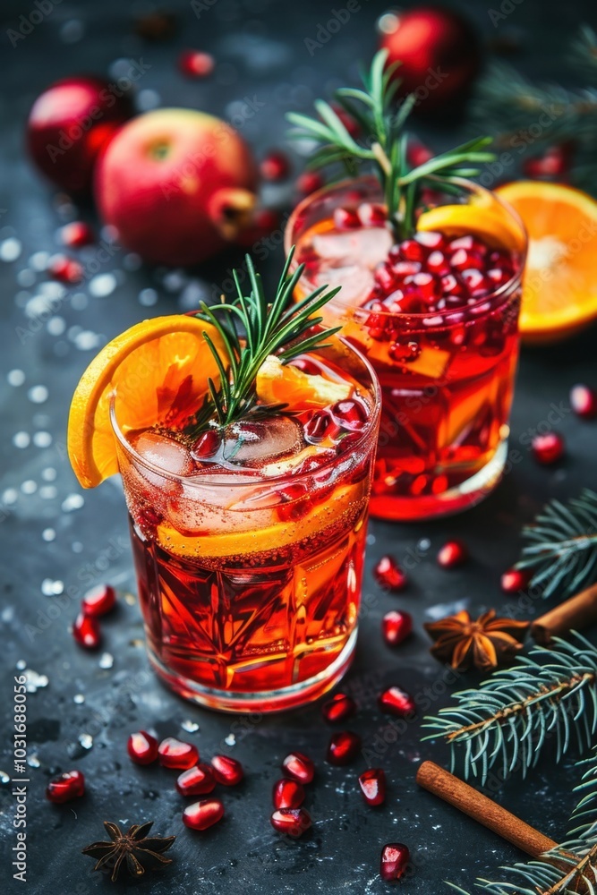 Festive Pomegranate Cocktail with Rosemary . Christmas Punch with Orange, Apple, and Pomegranate