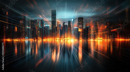 A futuristic city skyline with glowing lights and a dynamic zoom effect. photo