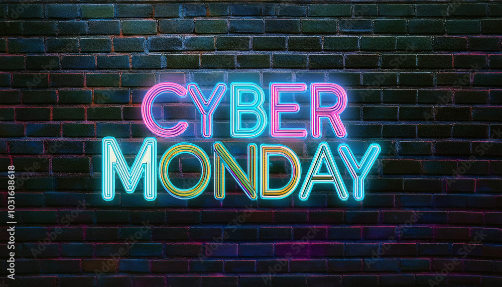 3D render Cyber Monday Concept banner in fashionable neon style, luminous signboard, nightly advertising of sales rebates of Cyber Monday. Black brick wall. Editing text neon sign. 3D render Cyber Monday Concept banner in fashionable neon style, luminous signboard, nightly advertising of sales rebates of Cyber Monday. Black brick wall. Editing text neon sign.