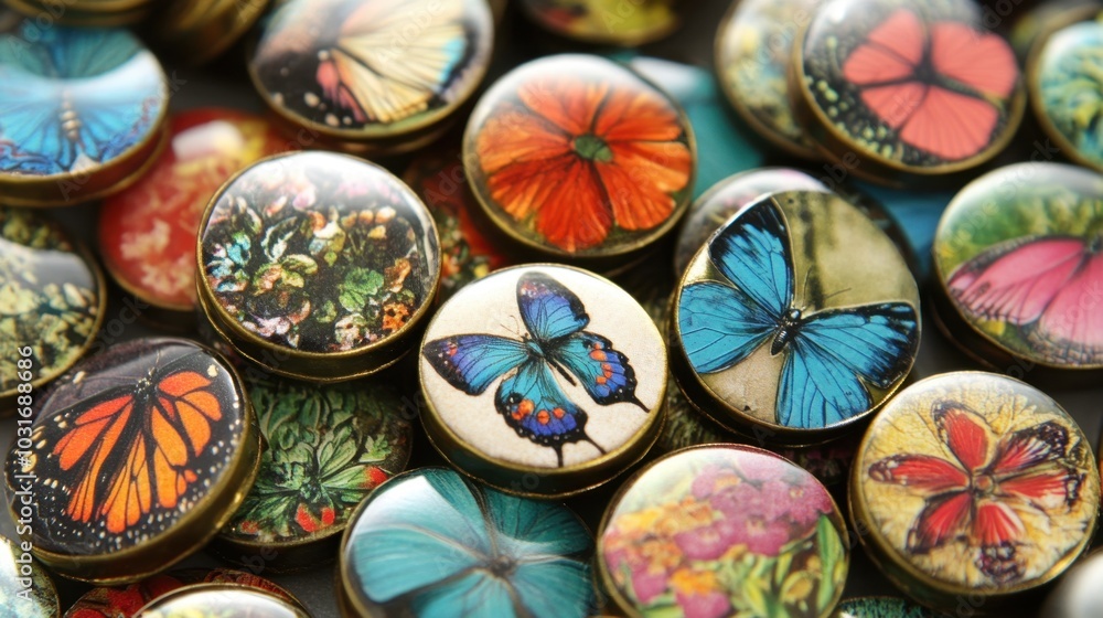 Fototapeta premium Colorful Floral Pattern Glass Cabochons on White Background. Decoupage Glass Magnets