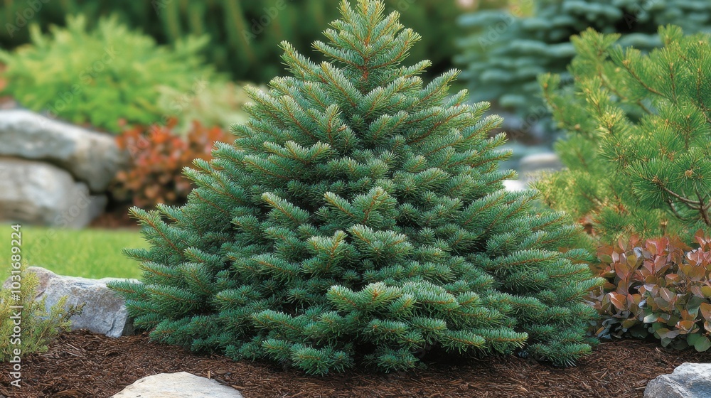 Evergreen Spruce Tree in Lush Garden Landscape