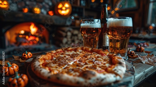 Pizza, hamburgers and beer glasses decorated with Halloween decorations