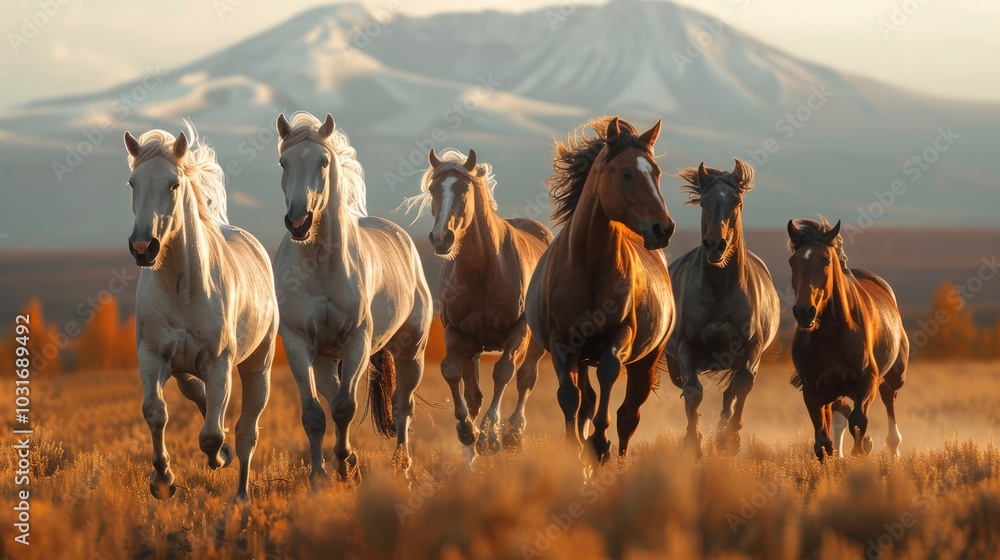 Obraz premium A group of wild horses running freely across field. with a clear blue sky.