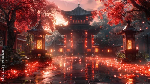 Temple decorations for the Buddhist Lent at night are created using Generative AI technology.