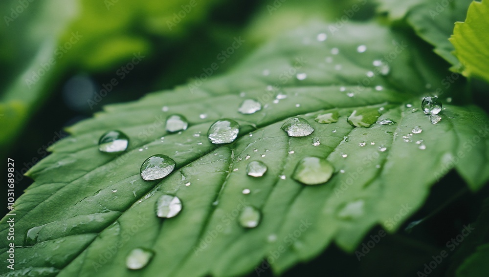 Close-up of a green leaf with water droplets glistening on its surface. Close-up of a green leaf with water droplets glistening on its surface.