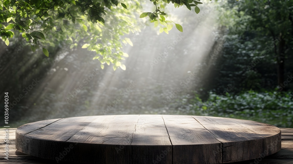 Rustic Wooden Podium in Serene Nature Backdrop with Soft Sunlight Rustic Wooden Podium in Serene Nature Backdrop with Soft Sunlight