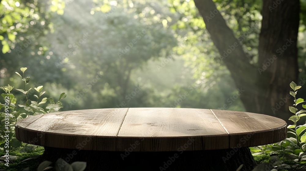 Fototapeta premium Rustic Wooden Podium in Serene Nature Backdrop with Soft Sunlight