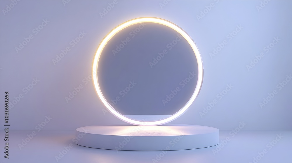 Sleek Mirrored Podium with Glowing Halo in Clean White Background for Modern Product Display Concept Sleek Mirrored Podium with Glowing Halo in Clean White Background for Modern Product Display Concept