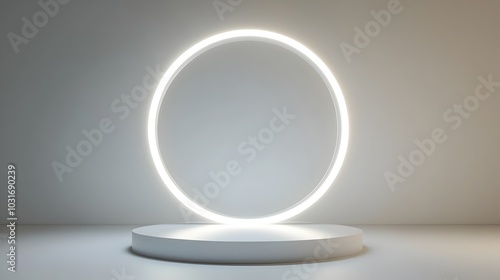 Circular Mirrored Podium with Soft White Halo Light on Clean Background for Modern Product Display