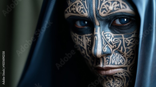  A tight shot of an individual with a cross painted on their face and a blue veil covering their head