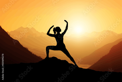 Victor silhouette fitness girl practicing yoga on a mountain