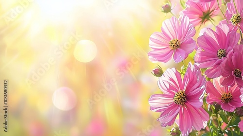 Pink Cosmos Flowers with a soft bokeh background in bright morning light, perfect for floral border designs and nature-inspired projects