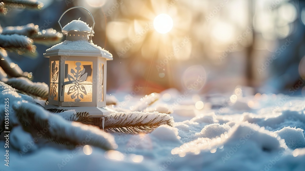 Christmas Lantern On Snow With Fir Branch in the Sunlight. Winter Decoration Background , Christmas Background, New Year's eve Christmas Lantern On Snow With Fir Branch in the Sunlight. Winter Decoration Background , Christmas Background, New Year's eve