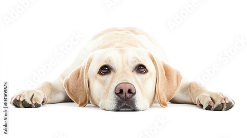 A Labrador Retriever lying down with a relaxed expression on a white background.