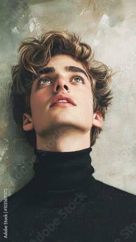 An illustration of a penitent white man with brown hair and black turtleneck, looking upwards, suitable for retro art and conceptual portraits