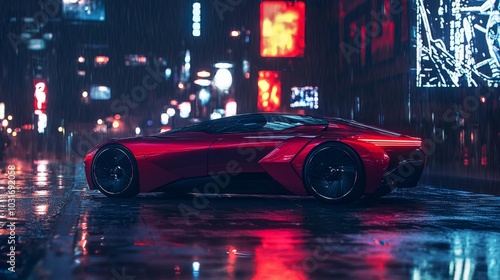 An autonomous red truck drives through neon-lit city streets at night in a futuristic concept art illustration for advanced transportation systems