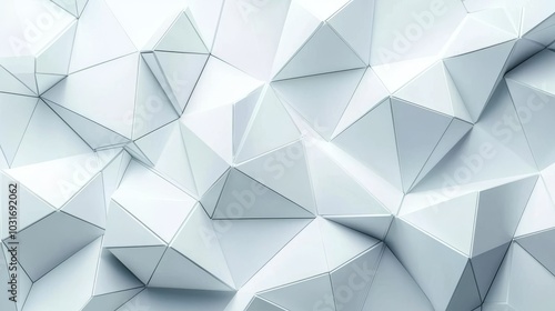 Modern Minimalist Background, 3D White Polygon Texture w/Triangular Facets, Perfect for Backdrops and Presentations, Digital Art Design for Graphics and Web Projects