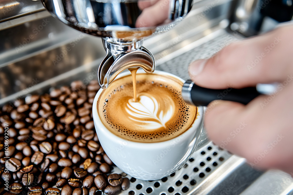 A barista skillfully pours espresso into white cup, creating beautiful latte art design. rich coffee flows over roasted coffee beans, showcasing art of coffee making A barista skillfully pours espresso into white cup, creating beautiful latte art design. rich coffee flows over roasted coffee beans, showcasing art of coffee making