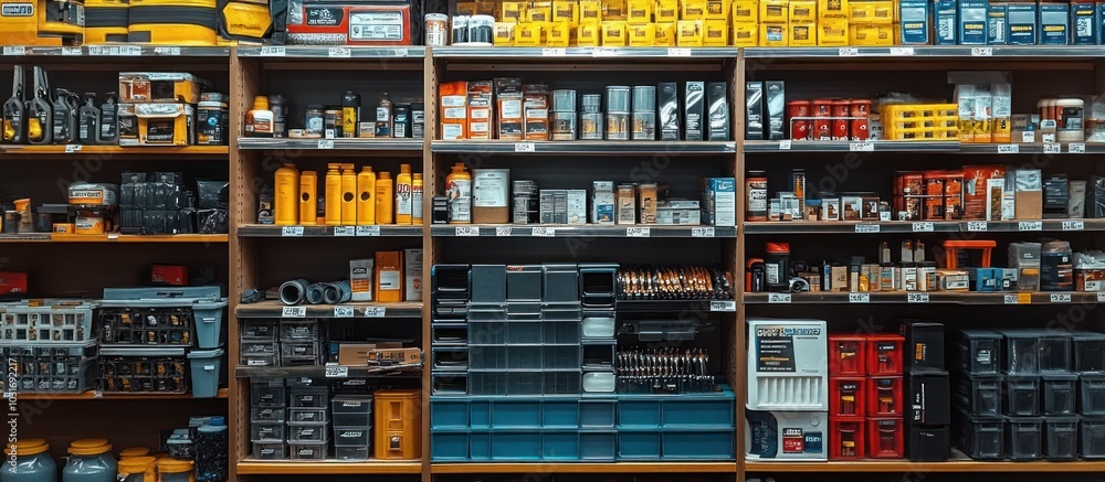 A well-stocked hardware store with shelves full of tools, building supplies, and other home improvement products. A well-stocked hardware store with shelves full of tools, building supplies, and other home improvement products.