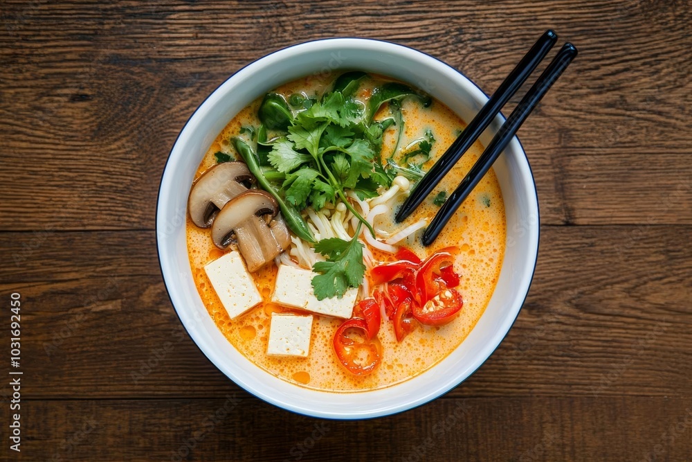 A vibrant bowl of creamy noodle soup topped with vegetables, herbs, and tofu, served with chopsticks on a rustic wooden surface. A vibrant bowl of creamy noodle soup topped with vegetables, herbs, and tofu, served with chopsticks on a rustic wooden surface.