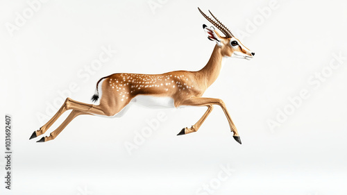 A graceful antelope leaps energetically across light background, showcasing its slender body and distinctive features. scene captures essence of agility and freedom