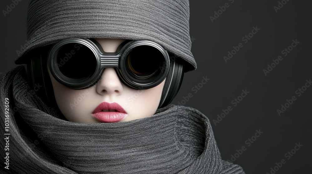 A tight shot of someone wearing a scarf and large black goggles, concealing a woman's face beneath the scarf A tight shot of someone wearing a scarf and large black goggles, concealing a woman's face beneath the scarf
