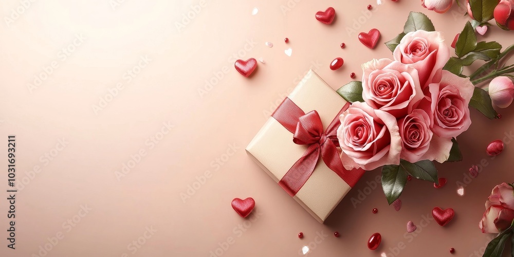 Banner poster valentine day with a gift box and a bouquet of roses with copy space, Generative AI Banner poster valentine day with a gift box and a bouquet of roses with copy space, Generative AI