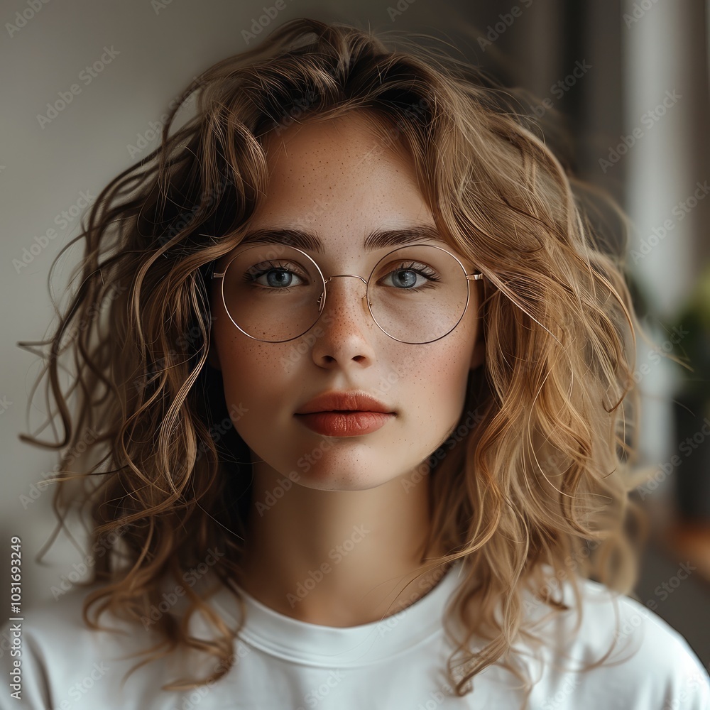 A young woman with soft, curly hair. She should be wearing round glasses and have a calm, neutral expression. A young woman with soft, curly hair. She should be wearing round glasses and have a calm, neutral expression.