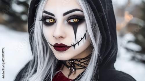  A woman with white hair sports a black hoodie, contrasted by white-black makeup