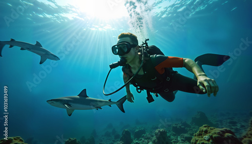 Wallpaper Mural An adventurous diver exploring the underwater world, surrounded by graceful sharks. This captivating image is perfect for marine conservation campaigns, travel brochures, and adventure promotions Torontodigital.ca