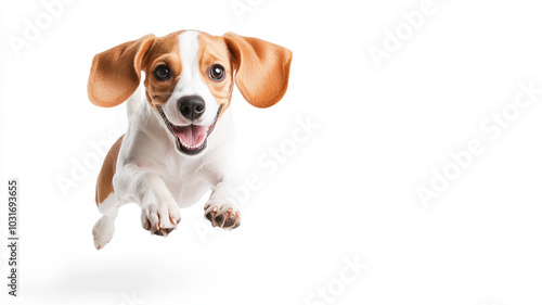 A joyful beagle dog leaps playfully in mid air, showcasing its energetic spirit and friendly demeanor. This lively moment captures essence of happy pet