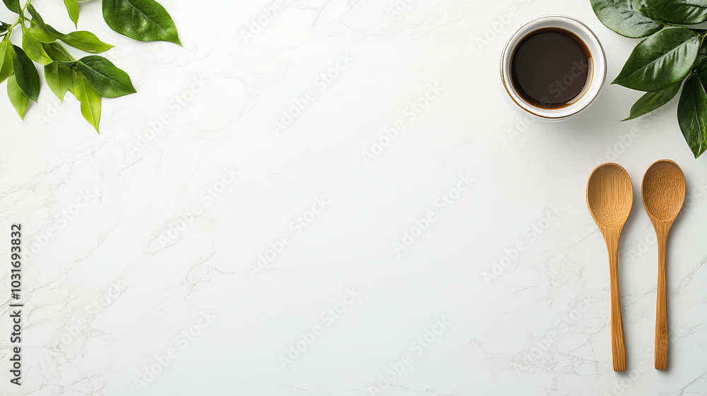A serene kitchen scene featuring cup of coffee, wooden spoons, and lush green leaves. This composition evokes sense of calm and warmth, perfect for culinary inspiration