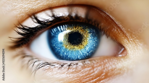  A tight shot of an eye, featuring a blue-yellow iris at its core