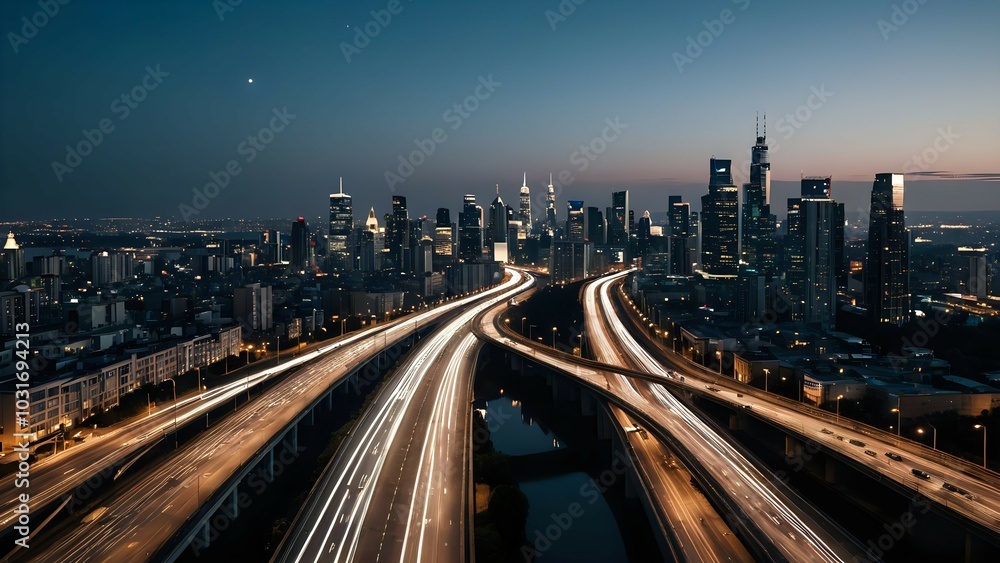 Fototapeta premium Urban highway with vehicle light trails at night facing skyscrapers, seamless looping 4K video background
