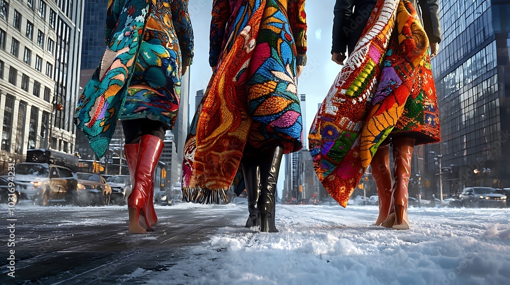 Fototapeta premium Women Walking in Winter City with Colorful Coats