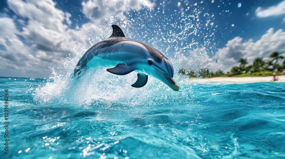 Fototapeta premium A playful dolphin leaps out of the water, creating a splash of water droplets, with a tropical beach and blue sky in the background.