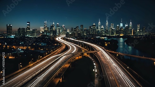 Urban highway with vehicle light trails at night facing skyscrapers, seamless looping 4K video background"