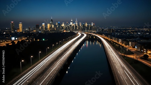 Urban highway with vehicle light trails at night facing skyscrapers, seamless looping 4K video background