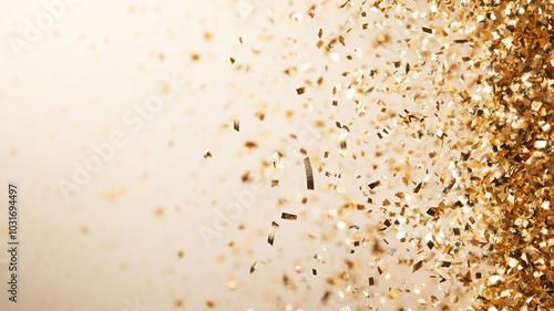 Golden glitter sparkles create festive and celebratory atmosphere, perfect for events and parties. shimmering particles catch light beautifully, enhancing any occasion