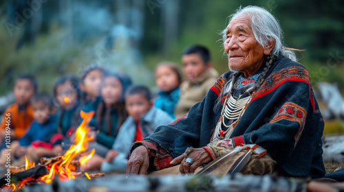 Native Alaskan Elder Storytelling Around Campfire	