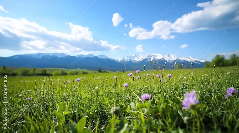 A vibrant meadow with wildflowers and snow-capped mountains in the background. A vibrant meadow with wildflowers and snow-capped mountains in the background.