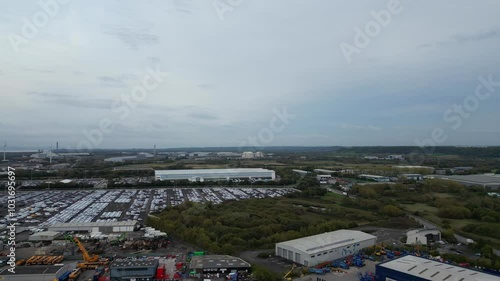 High Angle View of Sea Port and Docks at Industrial Estate of Avonmouth Bristol City of England United Kingdom During Cloudy Evening of October 15th, 2024. Aerial Drone's Camera Footage Captured from  photo