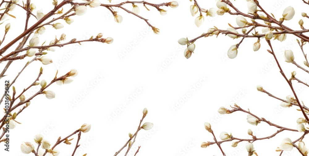 Delicate branches with white flower buds against a white background. Delicate branches with white flower buds against a white background.