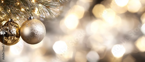  Two ornaments dangle from a Christmas tree against a backdrop of a basket of lights A blurred basket of lights lies in the foreground photo