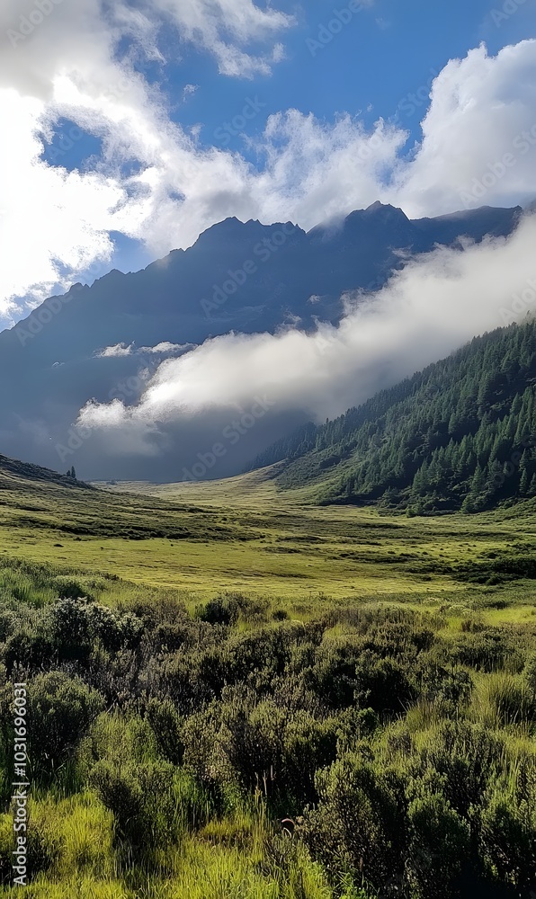 Fototapeta premium 23. A serene mountain backdrop with soft clouds
