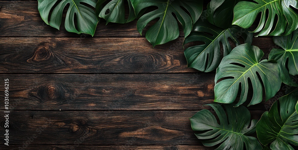 A close-up of lush green leaves on a dark wooden background, creating a natural aesthetic. A close-up of lush green leaves on a dark wooden background, creating a natural aesthetic.
