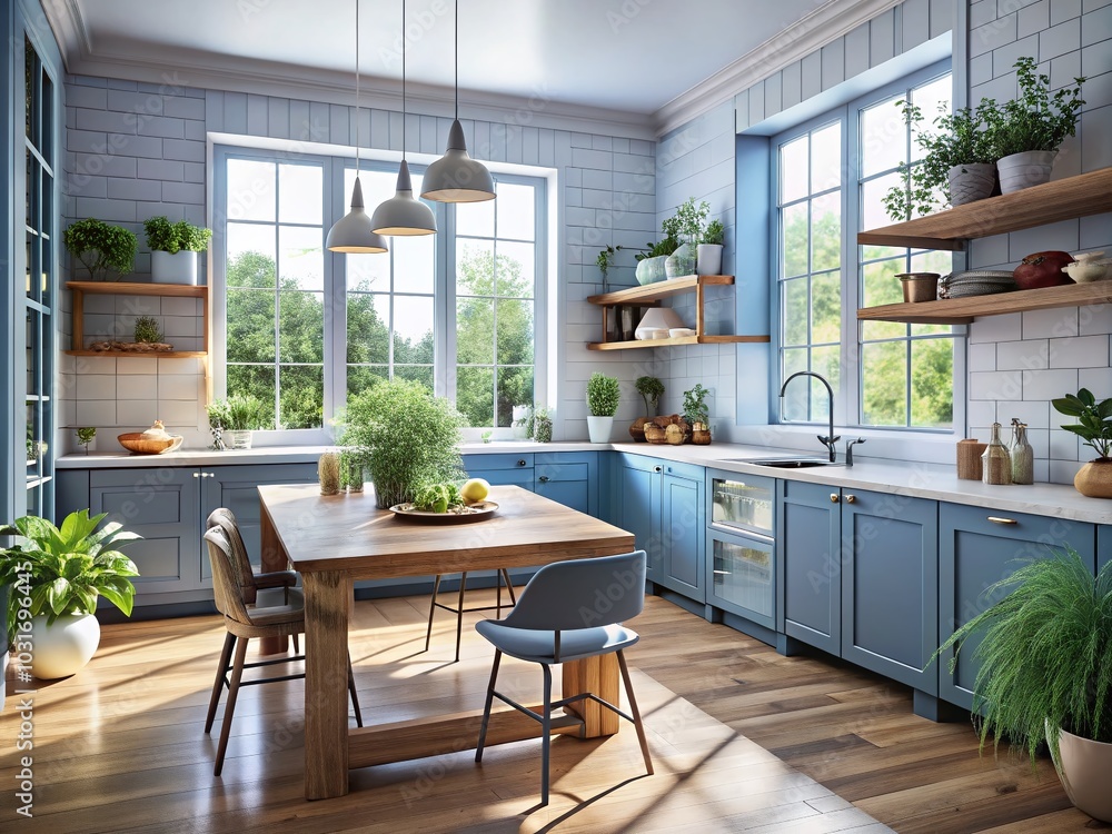 Fototapeta premium Surreal Scandinavian Kitchen with Wooden Blue Table and Morning Light
